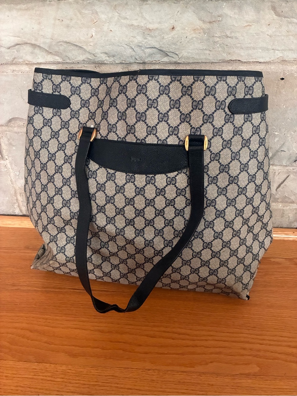 Gucci Beige and Black GG Canvas Tote with Gold Hardware